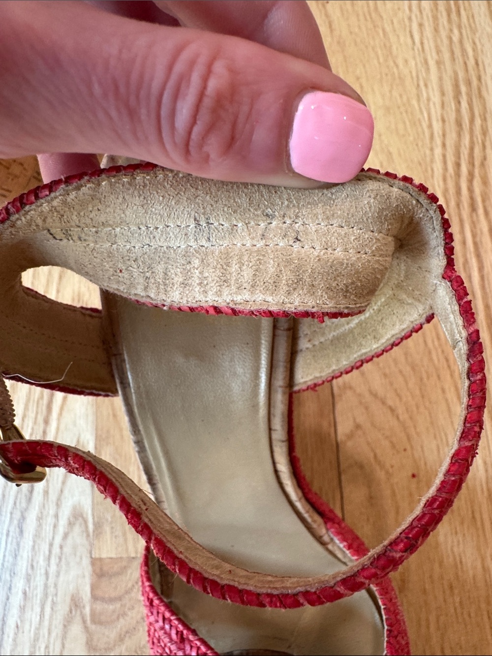 Stuart Weitzman Red Woven Cork Wedge Sandals - Picture 7 of 9